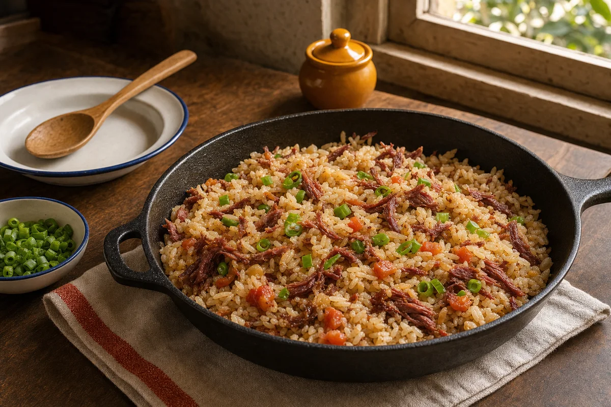Arroz carreteiro em panela de ferro, com carne desfiada e grãos soltos
