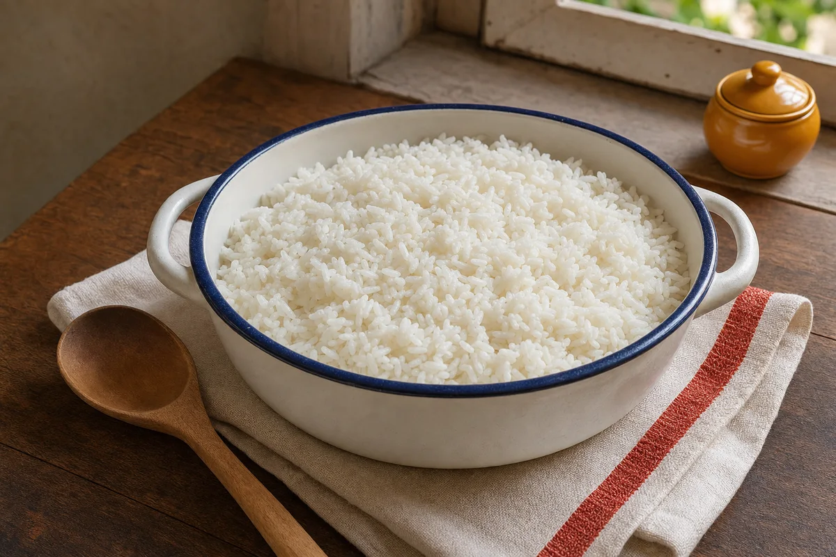 Arroz branco soltinho em panela clara com garfo separando os grãos