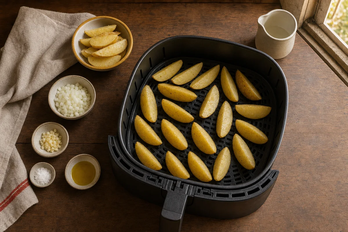 Cesto largo de air fryer sem marca com batatas em uma camada e tigelas medidoras