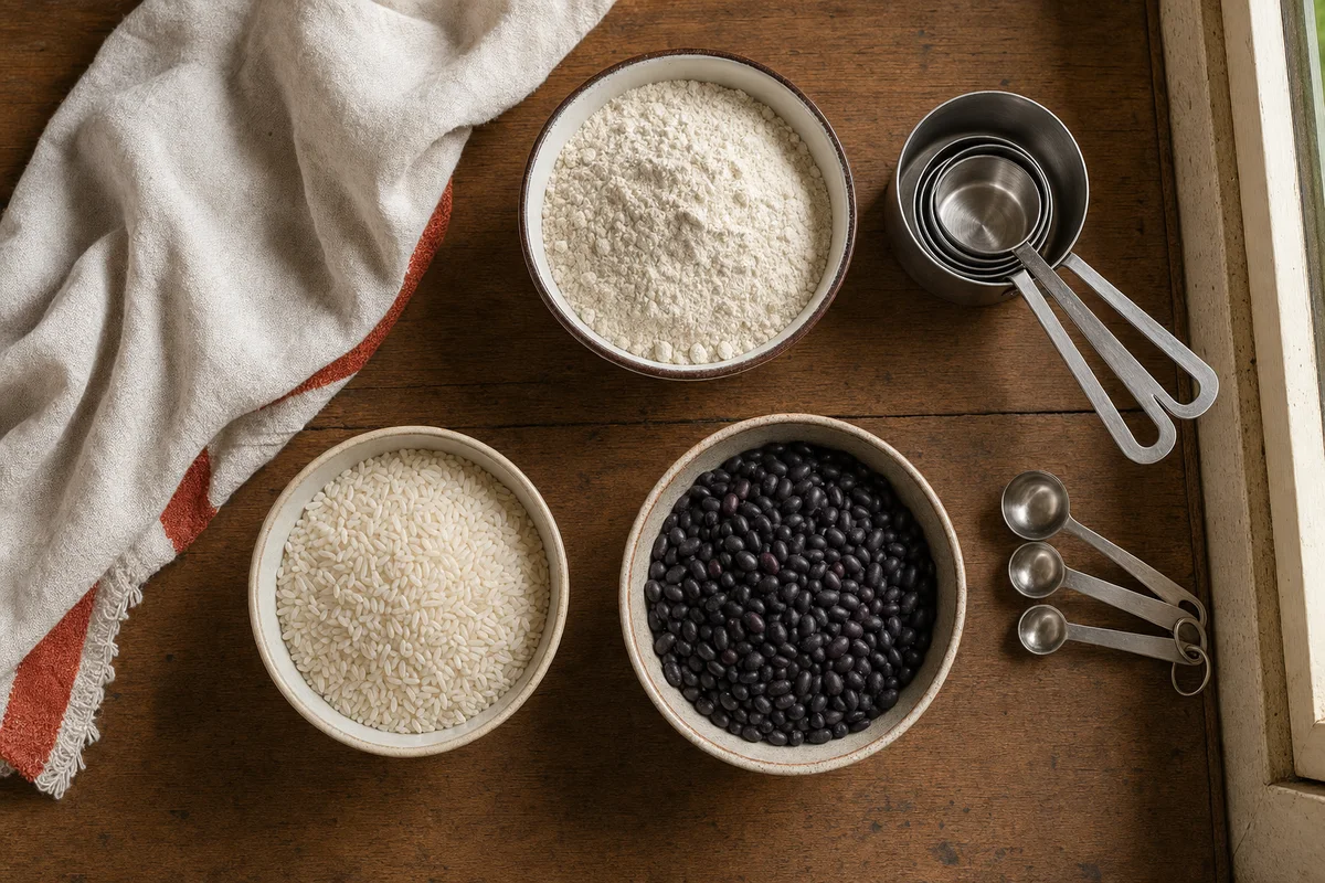 Xícaras e colheres medidoras sem marca ao lado de farinha, arroz e feijão
