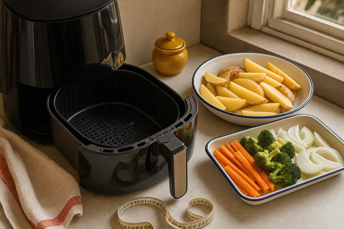 Air fryer sem marca com cesto aberto, porções de legumes ao lado e fita métrica