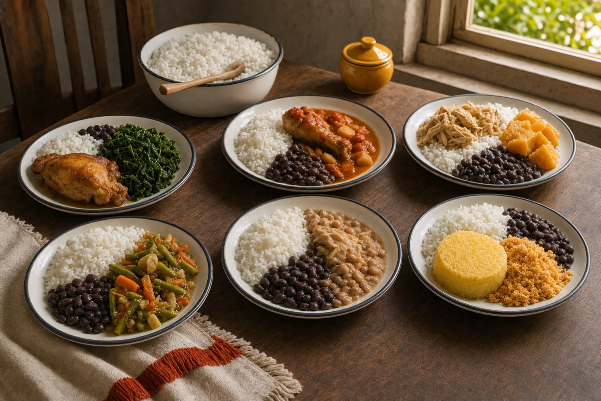 Sete porções variadas com arroz, feijão, frango, legumes e cuscuz em recipientes
