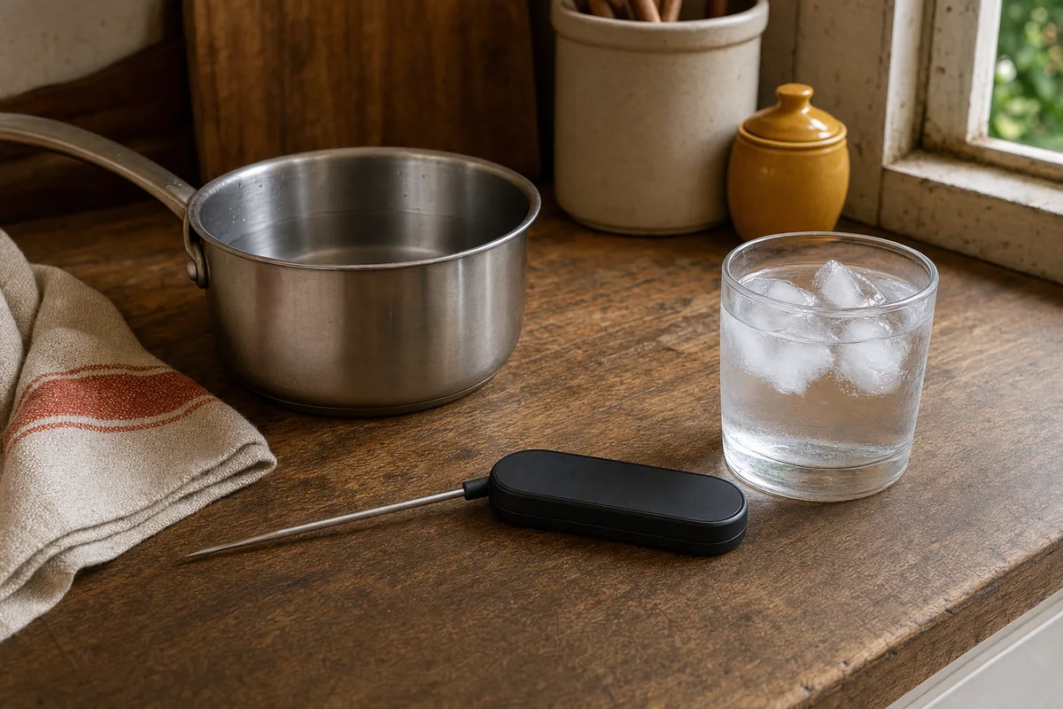 Termômetro culinário sem marca com sonda ao lado de panela e copo com gelo