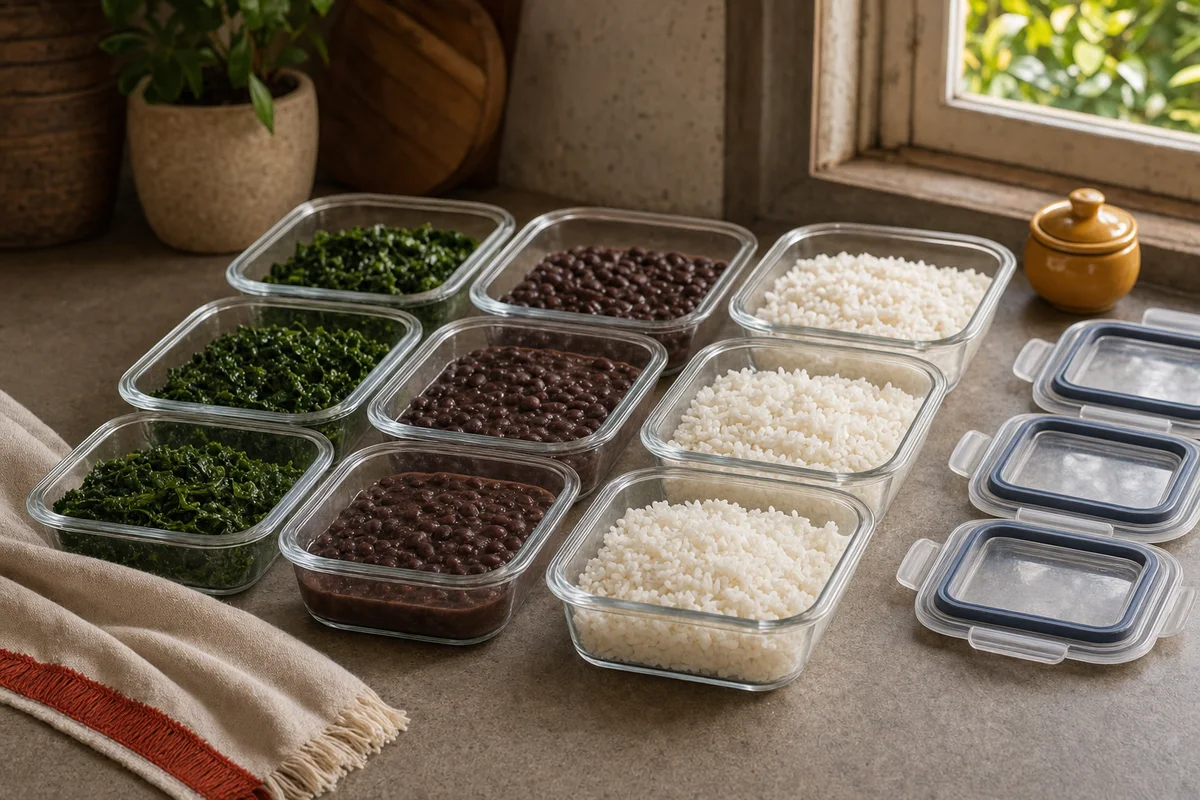 Recipientes transparentes organizados com arroz, feijão e legumes em porções
