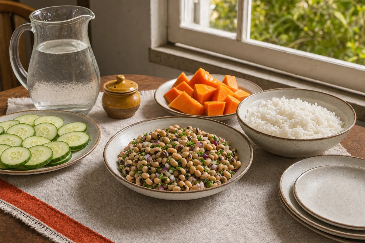 Mesa de verão com salada de feijão-fradinho, frutas, arroz e jarras de água sem pessoas