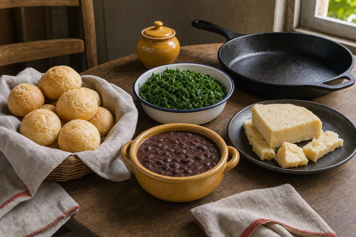 Mesa mineira com pão de queijo, feijão, couve e panelas de ferro em luz de janela