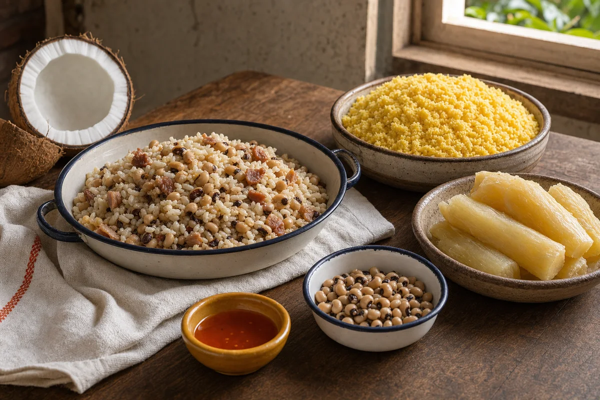 Mesa com cuscuz, baião de dois, raízes, coco e pratos de cerâmica em luz natural