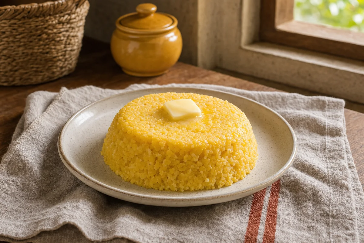 Cuscuz nordestino amarelo desenformado em prato de cerâmica com manteiga ao lado