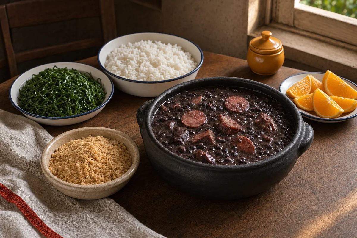 Feijoada em panela de cerâmica com arroz, couve, farofa e laranja ao lado