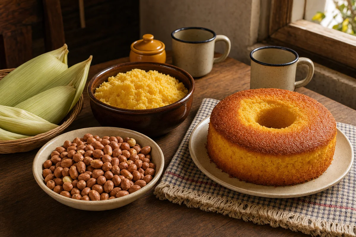 Mesa de festa junina com cuscuz, bolo de milho, amendoim e canecas sem decoração textual