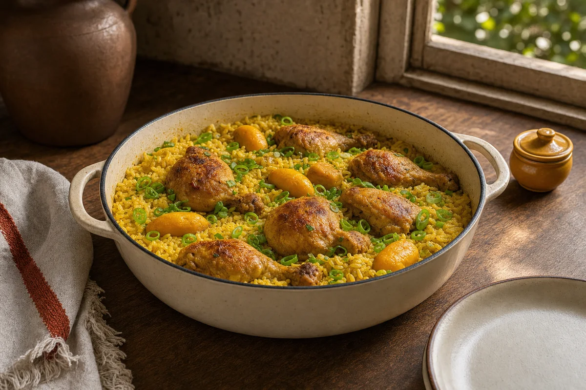Galinhada goiana em panela baixa, com arroz amarelo, pedaços de frango e cheiro-verde