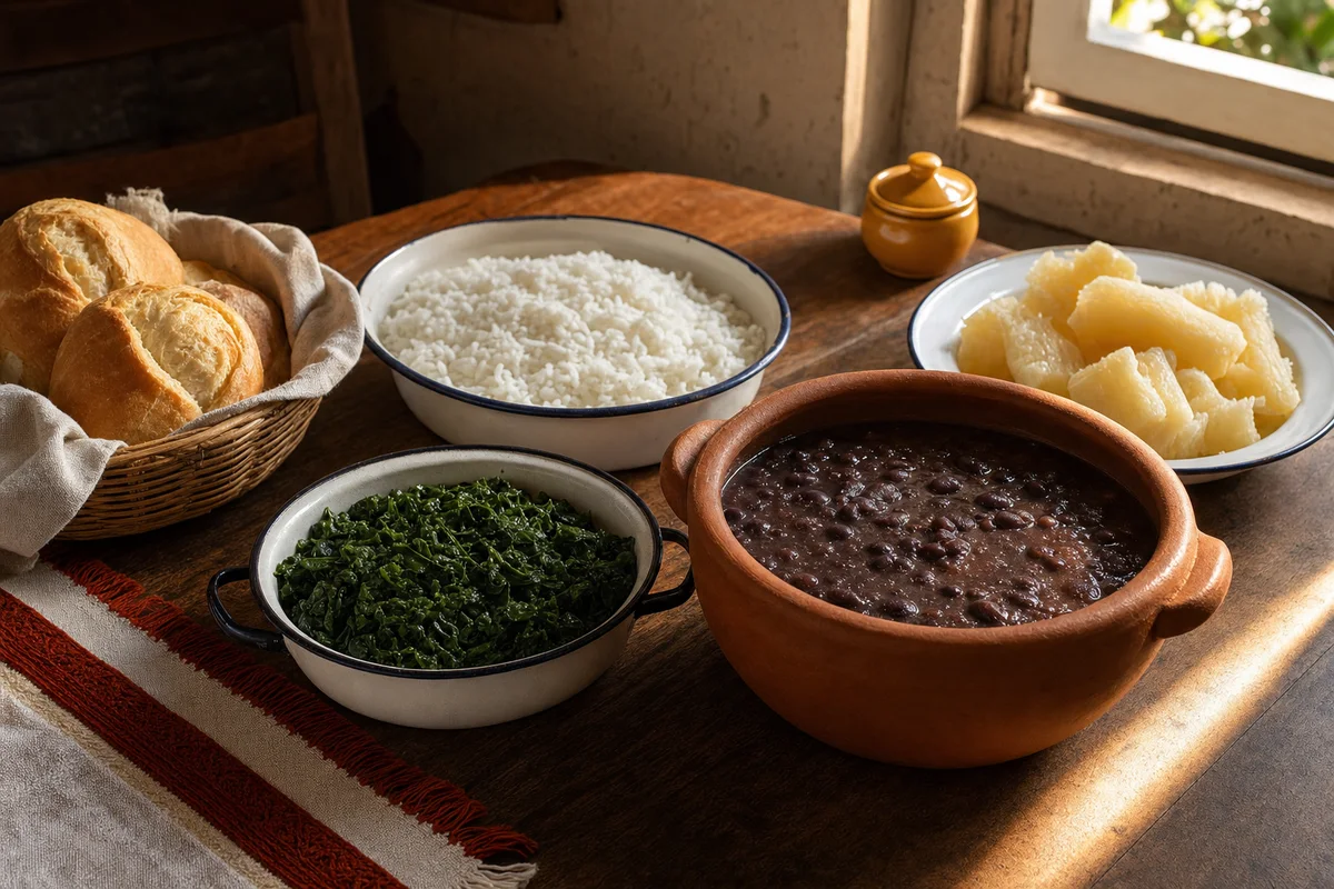 Mesa brasileira posta perto de uma janela, com panelas de cerâmica e comida caseira