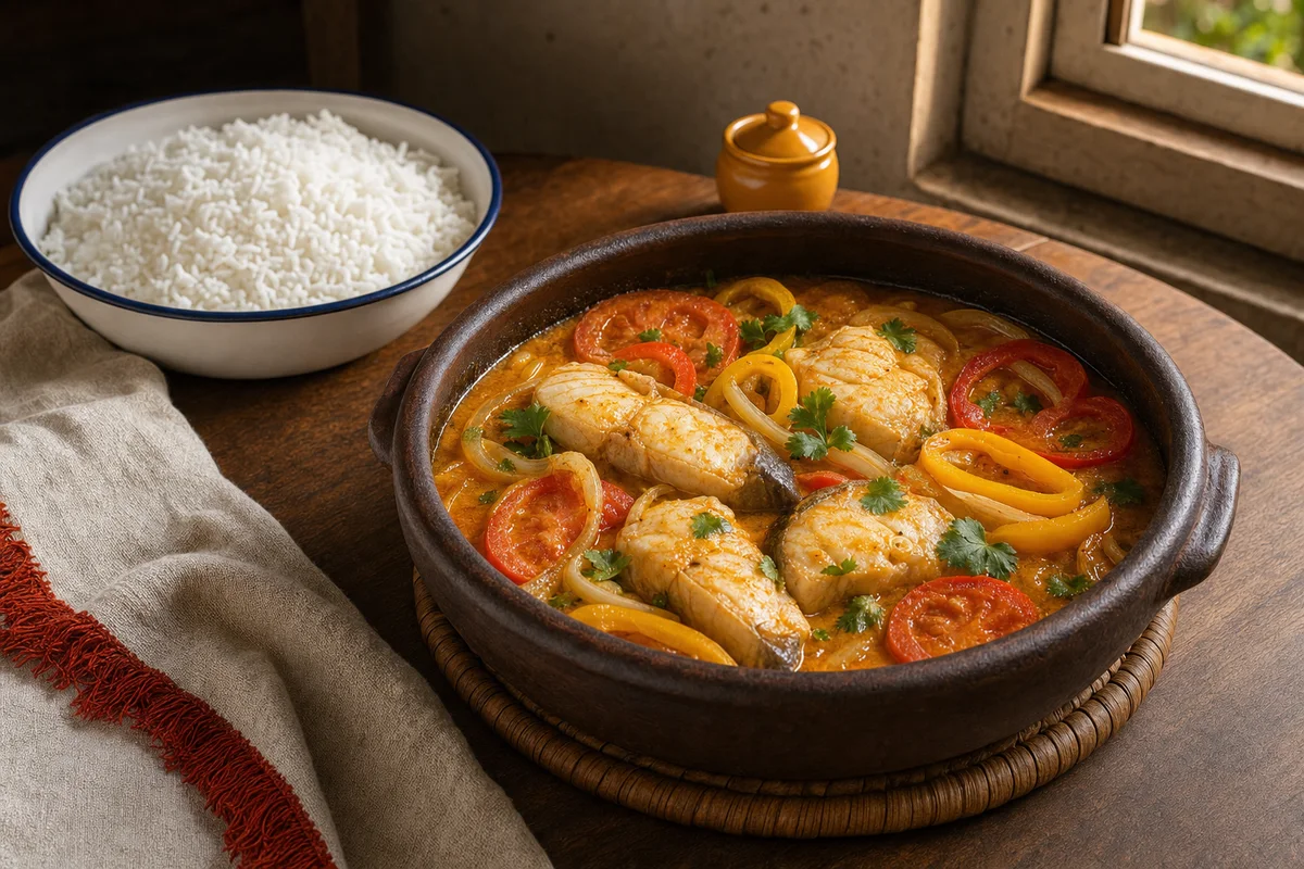 Moqueca baiana de peixe em panela de barro com arroz branco ao lado