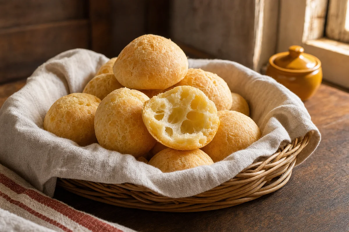 Pães de queijo dourados em cesta de pano, com um aberto mostrando o interior elástico